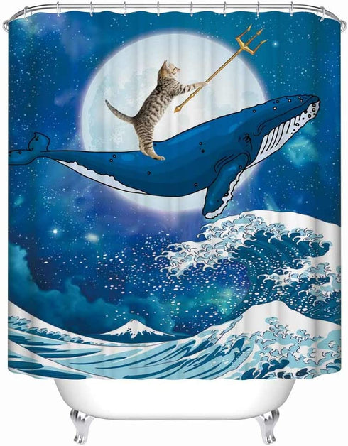 Allenjoy 72x72 Funny Cat Riding The Whale Shower Curtain for Bathroom Set Blue Sea Ocean Wave Home Bath Decors Moon Night Bathtub Decorations Durable Waterproof Fabric Machine Washable with 12 Hooks