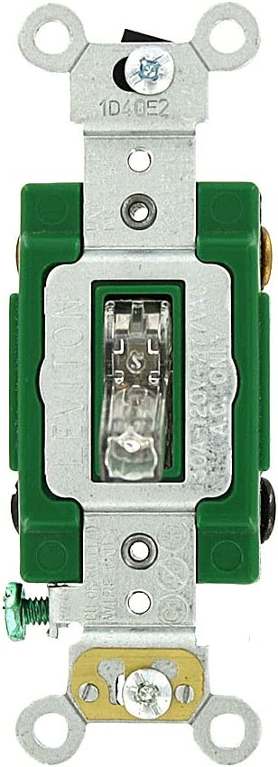 Leviton 3032-PLC 30 Amp, 120 Volt, Toggle Pilot Light, Illuminated On, Double-Pole AC Quiet Switch, Extra Heavy Duty Grade, Self Grounding, Back and Side Wired, Clear