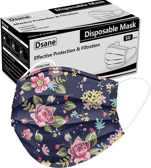 50PCS Disposable Face Mask for Women,Fashion Flowers Printed Dust Masks ,Fancy Cute Breathable Face Masks ,Safety Facial Mouth Covers