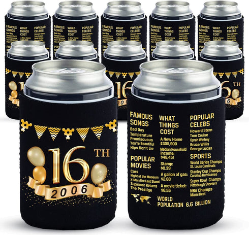 Yangmics 16th Birthday Can Cooler Sleeves Pack of 12-2006 Sign - 16th Birthday Party Supplies - 16th Anniversary Decorations - Black and Gold Sixteenth Birthday Cup Coolers