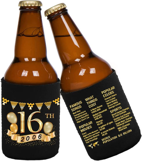 Yangmics 16th Birthday Can Cooler Sleeves Pack of 12-2006 Sign - 16th Birthday Party Supplies - 16th Anniversary Decorations - Black and Gold Sixteenth Birthday Cup Coolers