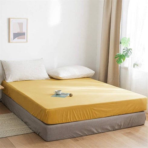 mixinni Modern Style Super Soft Gold Fitted Sheet Solid Color Bed Sheet 15" Deep Pocket Full/Queen Size-(Only 1 Gold Color Fitted Sheet)