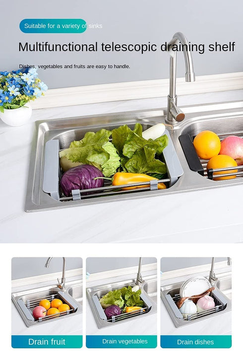 Expandable Stainless Steel Dish Drying Rack, Telescopic Drain Basket Over Sink Organizer for Vegetable, Fruit and Tableware (Grey)