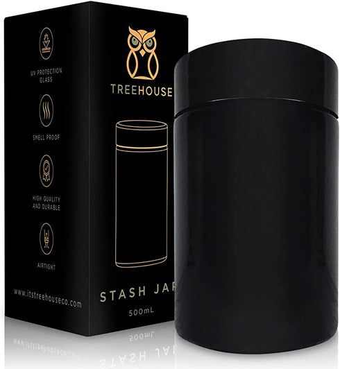 Stash Jar Smell Proof Container (500mL) for Herbs, Spices, Coffee, Teas & More - Double Sealed Air Tight Jar, Thick UV Protection Glass, Smell Proof Herb Storage - Plus x2 Resealable Smell Proof Bags