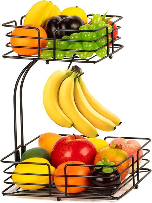 Auledio 2-Tier Square Countertop Fruit Vegetables Basket Bowl Storage With Banana Hanger, Black