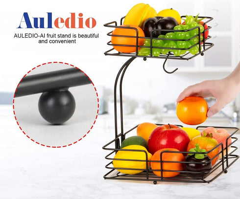 Auledio 2-Tier Square Countertop Fruit Vegetables Basket Bowl Storage With Banana Hanger, Black
