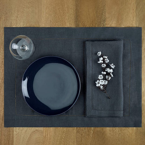 D'Moksha Homes Linen Placemats - 14 x 19 Inch Placemats Set of 4 - Charcoal Gray, Classic Hemstitch Cloth Placemats, Machine Washable, Table Mats for Spring Summer Easter Mother's Day