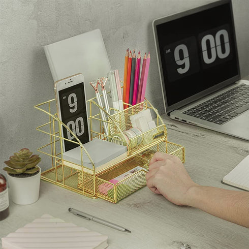Gold Desk Organizer, AUPSEN Mesh Office Supplies Desk Accessories, Features 5 Compartments + 1 Mini Sliding Drawer