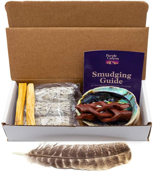 Purple Canyon Smudge Kit (Beginner's Gift Set) - 3 White Sage Smudge Sticks, 2 Palo Santo, Abalone Shell, Smudge Feather w/ Stand + Smudging Guide for Home Cleansing & Healing Meditation Rituals
