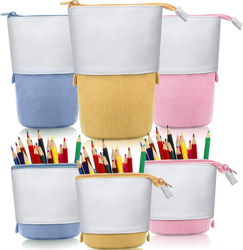 3 Pieces Telescopic Pencil Case Transformer Standing Stationery Pencil Holder Canvas Dual-Use Pop-up Stand Pencil Bags with Zipper for School Office College (Pink, Yellow, Blue)