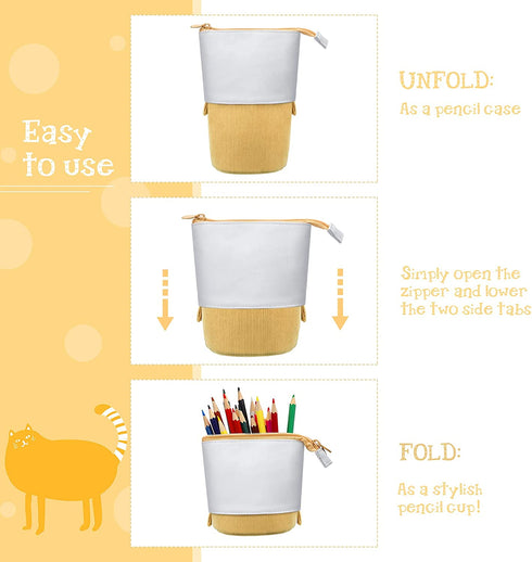 3 Pieces Telescopic Pencil Case Transformer Standing Stationery Pencil Holder Canvas Dual-Use Pop-up Stand Pencil Bags with Zipper for School Office College (Pink, Yellow, Blue)