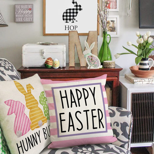 Easter Pillow Covers 18x18 Set of 4 Easter Decorations for Home Bunny Treats Hello Peeps Pink Stripes Pillows Easter Decorative Throw Pillows Spring Easter Farmhouse Decor A474-18