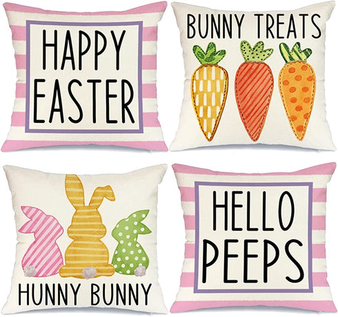 Easter Pillow Covers 18x18 Set of 4 Easter Decorations for Home Bunny Treats Hello Peeps Pink Stripes Pillows Easter Decorative Throw Pillows Spring Easter Farmhouse Decor A474-18