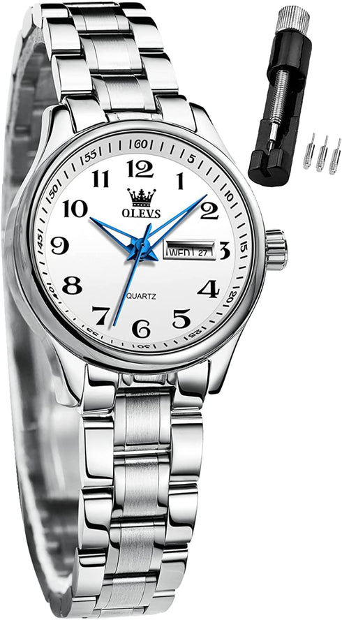 OLEVS Women Watches Gold Silver Stainless Steel Waterproof Analog Large Easy Reader Day Date Watches