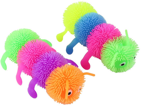 Curious Minds Busy Bags Set of 2 Puffer Caterpillar 5.5" Fidget Sensory Toy - 4 Section Tactile Toy Bug- Squishy Squeezey Sensory Squeeze Air Filled Balls OT (Random Colors)