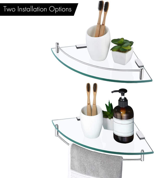 KES Glass Corner Shelf Bathroom Shower Shelf Tempered Glass with Rail SUS 304 Stainless Steel Floating Wall Mount Bracket Polished Finish, BGS2101A