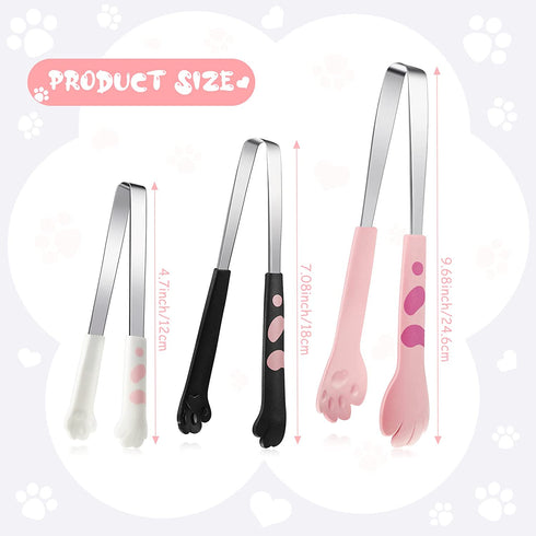 3 Pcs Cat Paw Tongs Cat Tongs Kawaii Food Kitchen Tongs Stainless Steel Tongs Cute Kitchen Accessories Gift for Cooking Toast, Bagels Barbecue and More, 3 Size(Pink, White, Black)