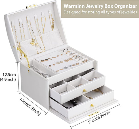 Warminn Jewelry Organizer 3 Layers Jewelry Box with Lock PU Leather Jewelry Storage Case with 2 Drawers for Earrings Bracelets Rings Necklace Watches jewelry Gift boxes for Women Girls Girlfriend Wife