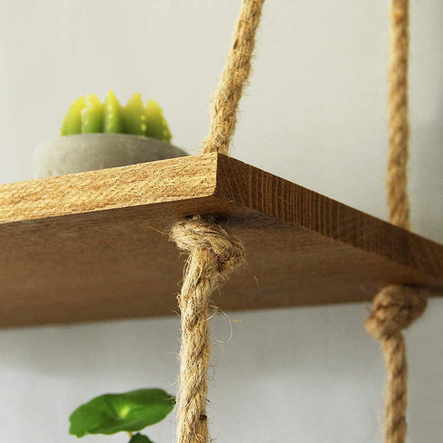 SAND MINE 3 Tier Wood Hanging Shelf, Floating Wall Swing Storage Shelves, Jute Rope Organizer Rack, Wall Shelf Plant Shelf Rope Shelf Storage Shelf Swing Shelf Floating Shelves Handmade Shelves