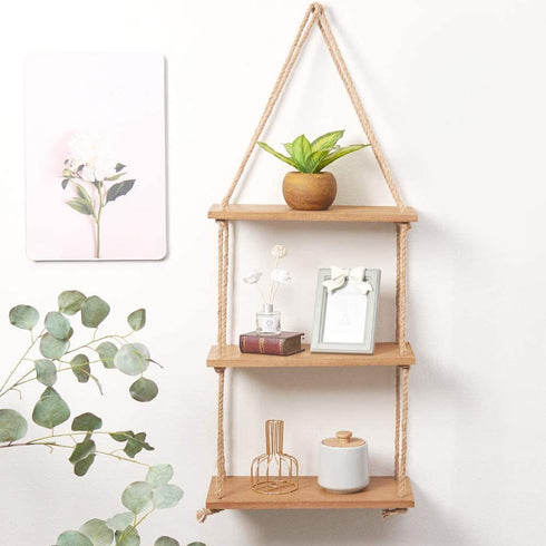 SAND MINE 3 Tier Wood Hanging Shelf, Floating Wall Swing Storage Shelves, Jute Rope Organizer Rack, Wall Shelf Plant Shelf Rope Shelf Storage Shelf Swing Shelf Floating Shelves Handmade Shelves