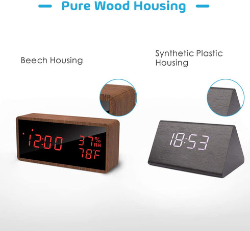 Wood Digital Alarm Clock for Bedrooms, Real Wood,Time Temperature Humidity, 3 Sets of Alarms, Adjustable Brightness