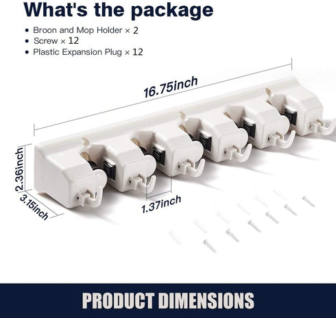 2 Pack Imillet Mop and Broom Holder, Wall Mounted Organizer-Mop and broom Storage Tool Rack with 5 Ball Slots and 6 Hooks (Beige)