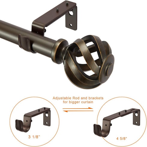 Vimayta 1 inch Curtain Rod with Resin Twisted Birdage Finials, 28 to 48 Inches Adjustable Curtain Rod, Single Curtain Rod Farmhouse Style, Antique Brown