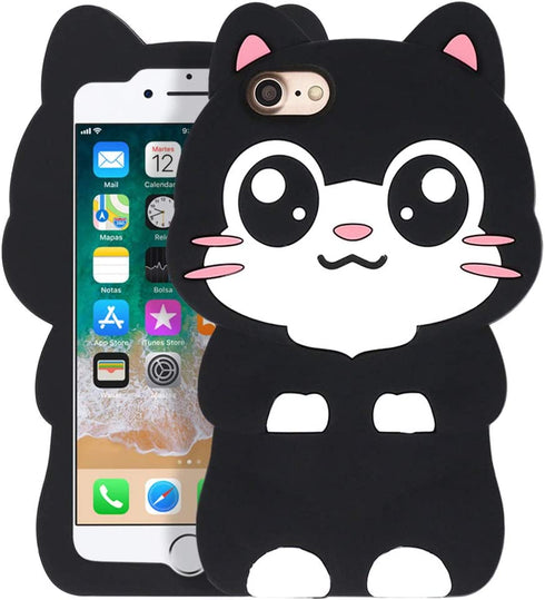 YONOCOSTA Cute iPhone SE 2022 Case, iPhone SE 2020 Case, iPhone 7 Case, iPhone 8 Cases, Funny Kawaii Big Eye Black Cat Kitty 3D Cartoon Animal Soft Silicone Full Protection Case for Girls Kids Women