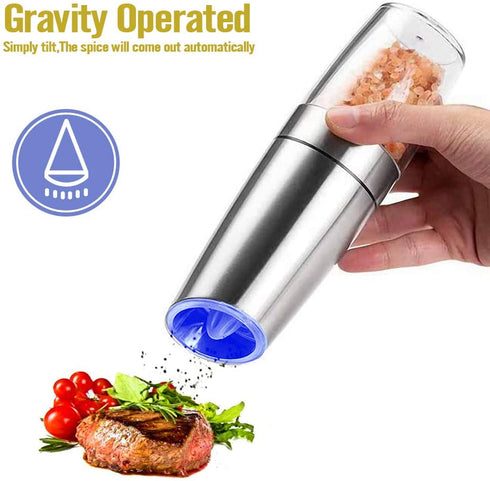 AVNICUD Electric Pepper Grinder, Automatic Pepper Mill, Electric Spice grinder, Battery-Operated with Adjustable Coarseness, LED Light, One Hand Operated (Silver 1Pack)