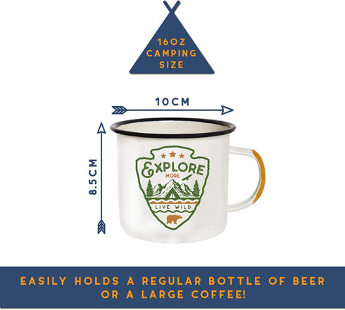 Enamel Camping Mug Travel Cup - Morning Coffee Mug, 16oz (455ml) Larger Than The Competition - Eco Friendly, Tin Cup Campfire Mug For Outdoors, Zero Plastic Wanderlust Travel Cup For The Happy Camper!