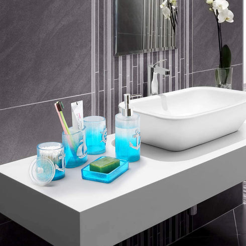 Bathroom Accessories Set, 5 PCS Resin Glass Bath Ensemble Set - Soap Dispenser + Soap Dish + Tumble Cup + Toothbrush Holder + Cotton Canister, Modern Bathroom Home Decor, Countertop Vanity Organizer
