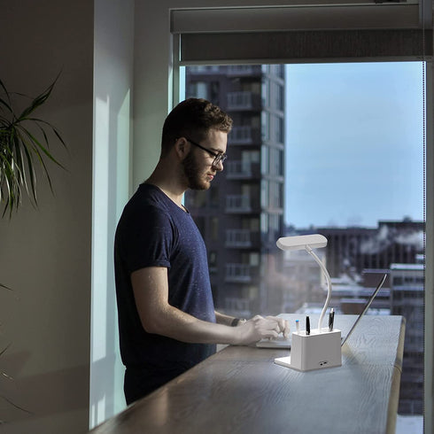 LED Desk Lamp with Pen Holder, AXX Desk Light for Computer/Desktop - White, Rechargeable, Eye-Caring, Flexible Gooseneck - Bedside Table Lamp for Reading, Small Study Lamp for Kids, Home, Office, Dorm