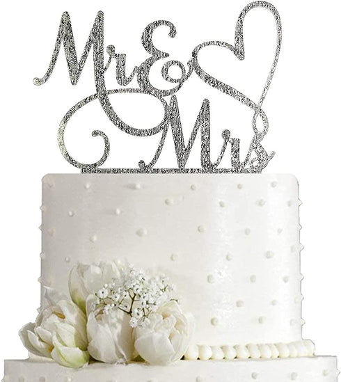 AMINJIE Mr and Mrs Cake Topper, Bride and Groom Sign Wedding/Engagement Cake Toppers Decoration, Silver Glitter Acrylic