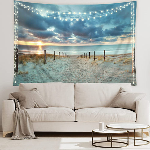 Riyidecor Ocean Beach Scenic Tapestry 80Wx60H Inch Nature Blue North Holland Brown Sundown Blue Sky Seaside Costal Scenery Landscape Sand Vivid Wall Hanging Indigenous Bedroom Living Room WW-IHTB