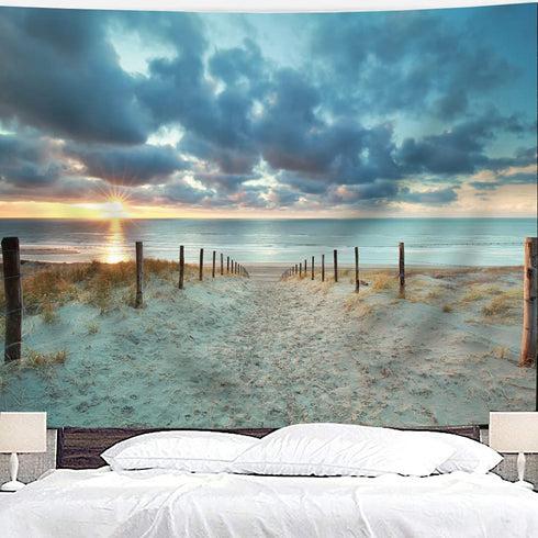 Riyidecor Ocean Beach Scenic Tapestry 80Wx60H Inch Nature Blue North Holland Brown Sundown Blue Sky Seaside Costal Scenery Landscape Sand Vivid Wall Hanging Indigenous Bedroom Living Room WW-IHTB