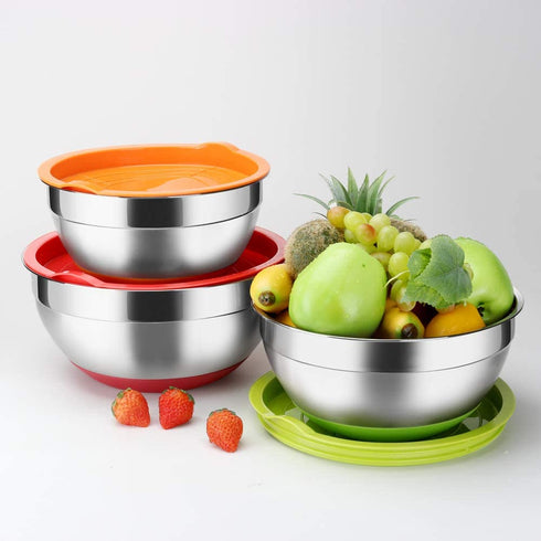 Stainless Steel Mixing Bowls with Lids (Set of 3), Non Slip Colorful Silicone Bottom Nesting Storage Bowls by Regiller-yyi, Polished Mirror Finish For Healthy Meal Mixing and Prepping 2.5 - 3.5-4.2QT