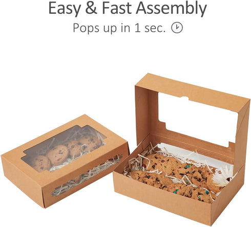 Yotruth 8x5.3x2" Pastry and Cookie Gift Box Bakery Craft Brown Treat Box Pop-up Easy Assembly With Clear Display Window 24 Pack