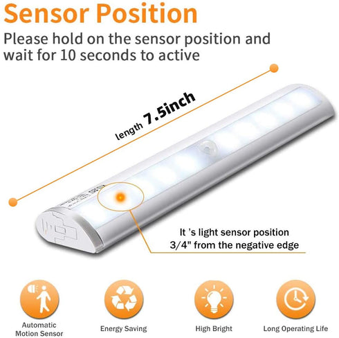 Kuled 10-led Wireless Motion Sensing Stick-on Anywhere Step LED Light Bar with Magnetic Strip, Pure White, 3-Pack