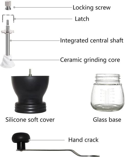 JARNAR Manual Coffee Bean Grinder Ceramic Burr Stainless Steel Handle with 2 Translucent Bottom Glass Jars Hand Coffee Mill for Home Office and Travelling