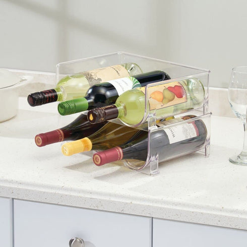 mDesign Modern Plastic Stackable Vertical Standing Wine Bottle Holder Stand - Storage Organizer for Kitchen Countertops, Pantry, Fridge - Each Rack Holds 3 Bottles, 2 Pack - Clear