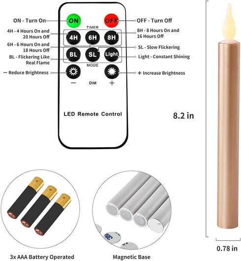 Window Candles Flickering Battery Operated with Remote and Timer, 6 Pack Electric Gold Flameless Taper Candles with Magnetic Base for Christmas Halloween Dinner Wedding Party Decoration