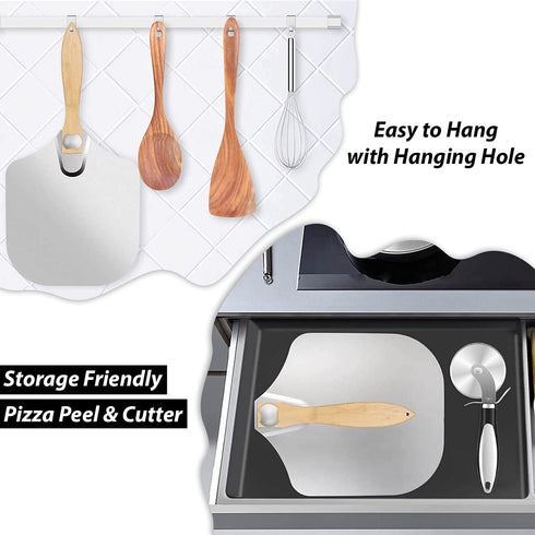 Aunly Aluminum Pizza Peel - Large Size Pizza Paddle 12x14 Inch Metal Pizza Spatula with Foldable Wood Handle & Pizza Cutter- Pizza Shovel for Homemade Baking Lovers for Pies, Pastries, Dough & Cookies