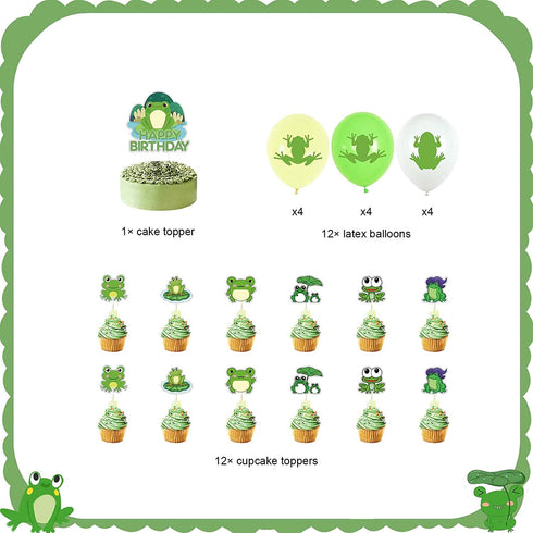 Frog Party Supplies, Cute Cartoon Frog Theme Birthday Decorations with Happy Birthday Banner, Cake Toppers, Balloons, Hanging Swirls for Boys Girls 1st Baby Shower Frog Themed Party Supplies Decor