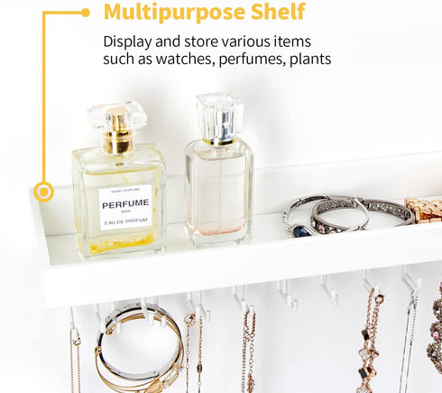 JACKCUBE DESIGN Hanging Jewelry Organizer with 23 Hooks, Wall Mounted Necklace Bracelet Earring Holder Hanger with Shelf (White, 14.37 x 2.95 x 3.86 inches) - MK208C