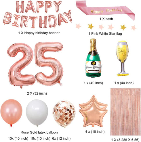 Fancypartyshop 25th Birthday Decorations - Rose Gold Happy Birthday Banner and Sash with Number 25 Balloons Latex Confetti balloons Ideal for Girl and Women 25 Years Old Birthday Rose Gold