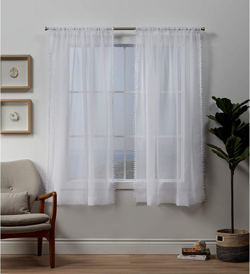 Exclusive Home Curtains Pom Pom Embellished Sheer Rod Pocket Top Curtain Panel Pair, 54x63, Winter White
