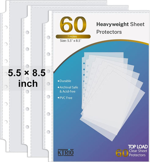 KTRIO Heavyweight Sheet Protectors for Mini 3 Ring Binder Clear Page Protector, 5.5 x 8.5 inch Plastic Sleeves for Small Binders, Paper Protector 7 Hole Top Loading, 60 Pack