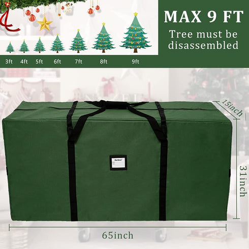 AerWo Christmas Tree Storage Bag, Extra Large Christmas Storage Containers Fits Up to 9ft Artificial Tree, Heavy-Duty Waterproof 600D Oxford Xmas Holiday Tree Bag with Card Slot(65? X 31? X 15?, Green)