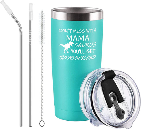 Gingprous Gifts for Mom, MamasaurusTumbler Christmas Mothers Day Birthday Gifts for Mom New Mom Pregnant Mom Wife Her, 20 Oz Stainless Steel Insulated Travel Tumbler with 2 Lids and Straws, Mint