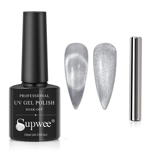 SUPWEE 10ml Silver Cat Eye Gel Nail Polish Universal Bright Glitter Cat Eye Gel Magnetic Nail Polish Gel Art Manicure DIY at Home Soak Off UV Gel with Magnet
